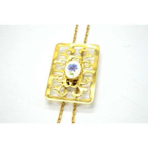 Painted Blue Porcelain Flower Open Work Gold Tone - Picture 1 of 5